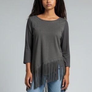 INC International Concepts Black Suede Fringe Trim 3/4 Sleeve Top Womens Size M